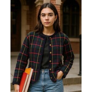 Vintage Plaid Cardigan Sweater M Gold Button Academia Old Money